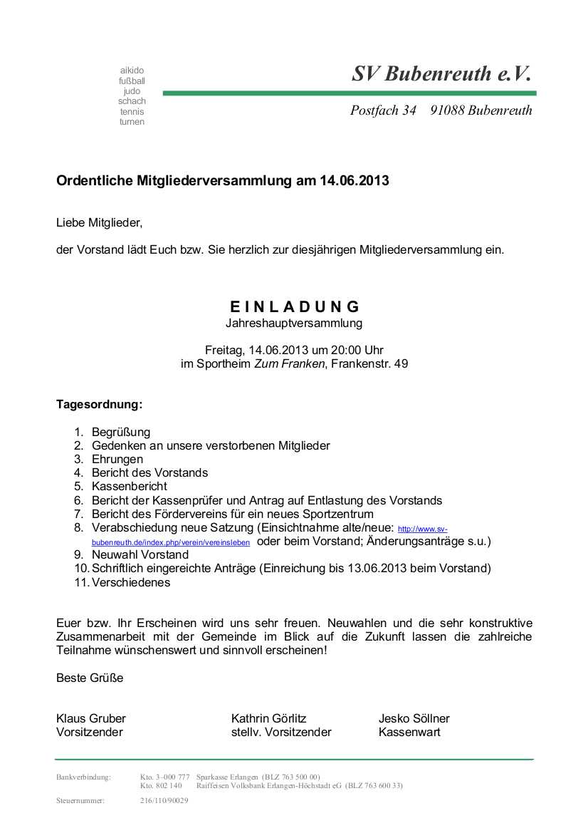 Einladung zur Jahreshauptversammlung 2013