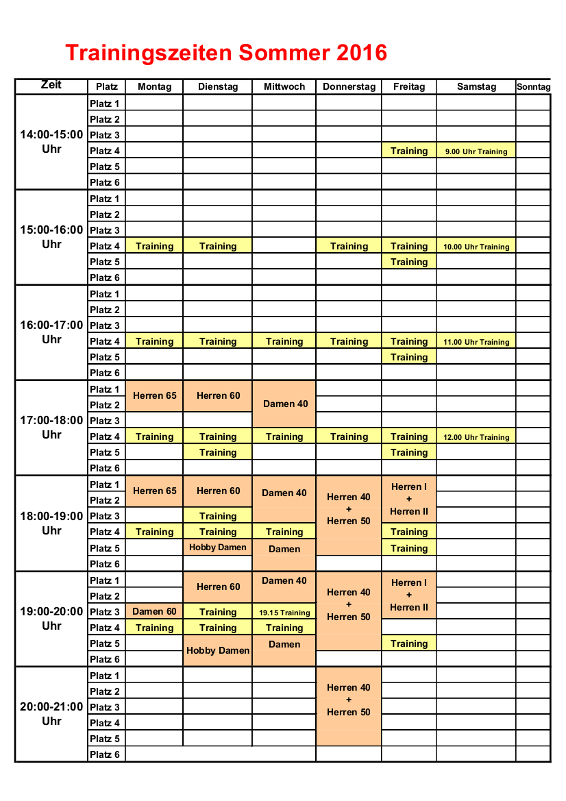 Trainingszeiten 2016