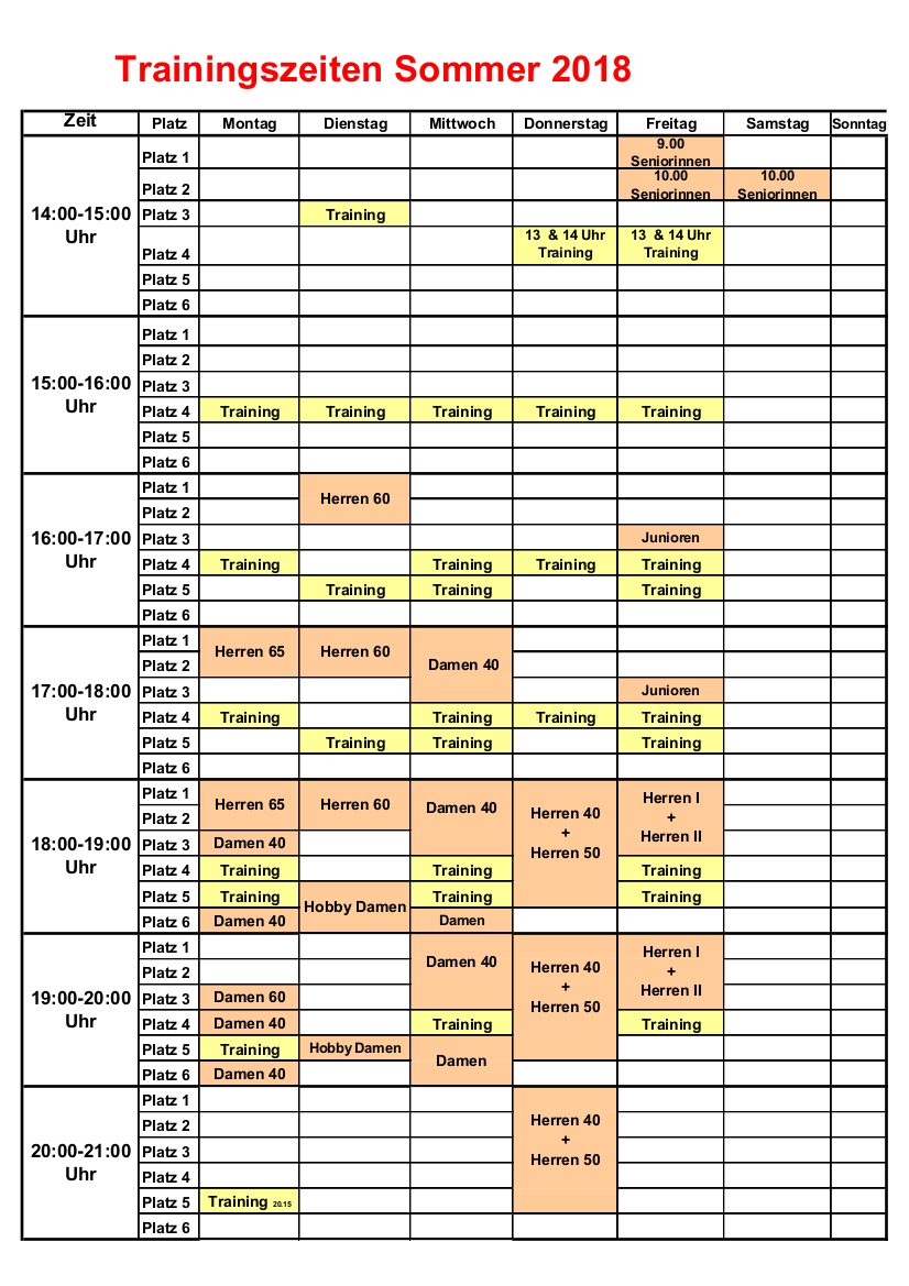 Trainingszeiten 2018