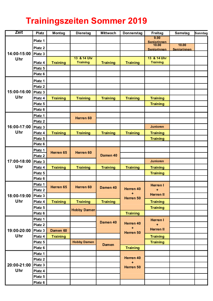 Trainingszeiten 2019