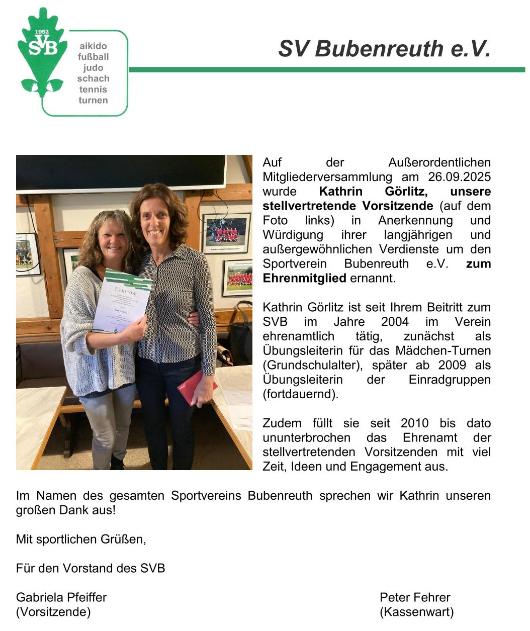 Ehrenmitgliedschaft für  Kathrin Görlitz